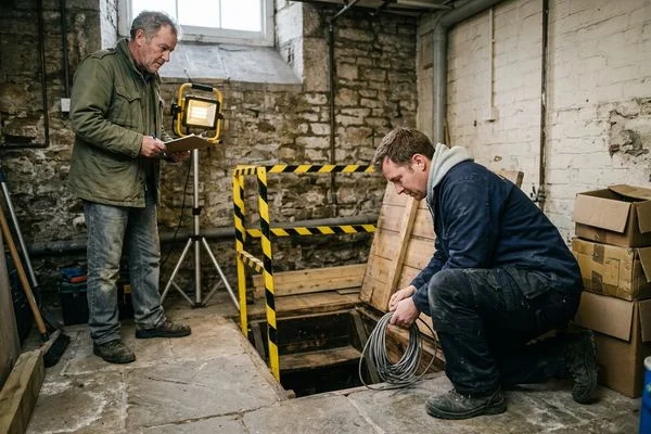 Cellar with temporary lighting set up for safe work