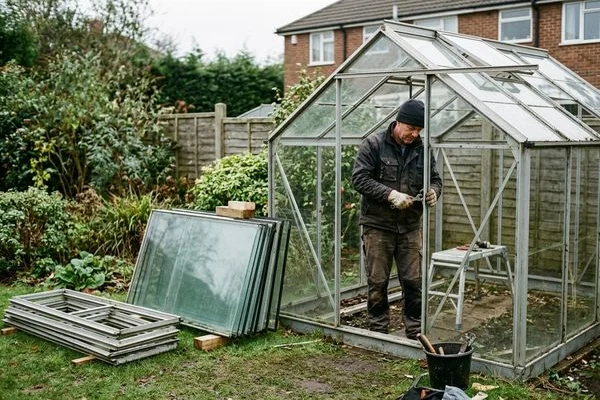 Greenhouse being dismantled with glass panels stacked