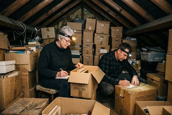 Head-torch lit loft with decades of boxes being catalogued