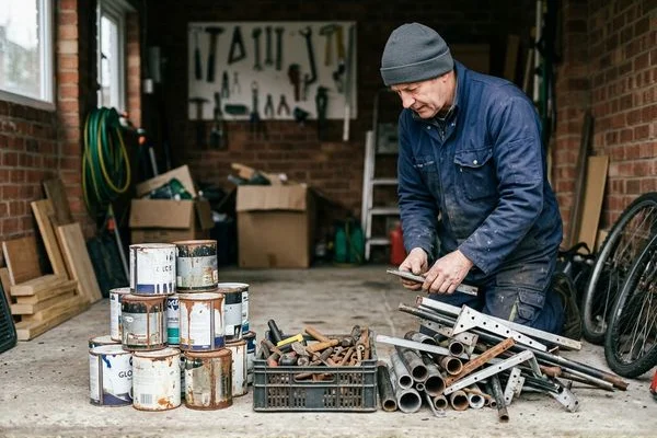 Sorted garage contents in separate piles for disposal