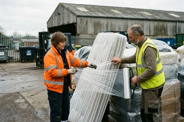 Old mattress being wrapped for specialist recycling