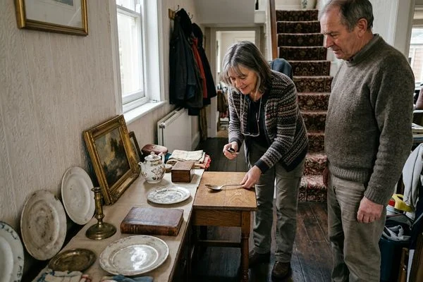 Antique items lined up for valuation after being carried down from an attic
