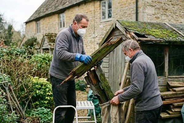 Rotten shed roof being carefully removed
