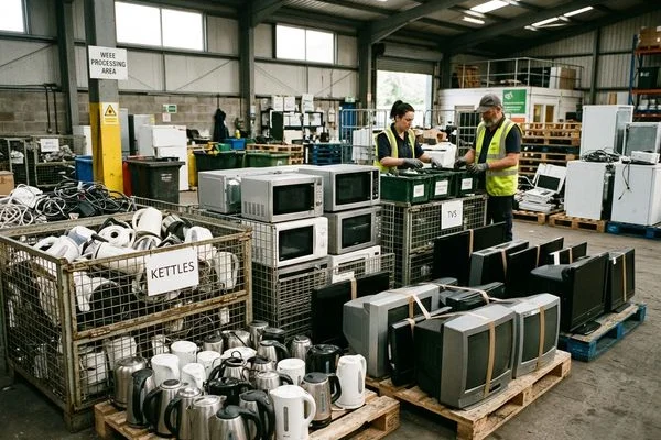 Sorted small appliances ready for WEEE processing