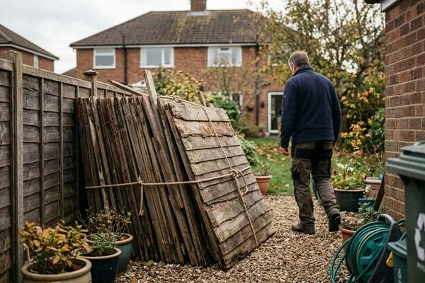 Stacked shed timber bundled for recycling
