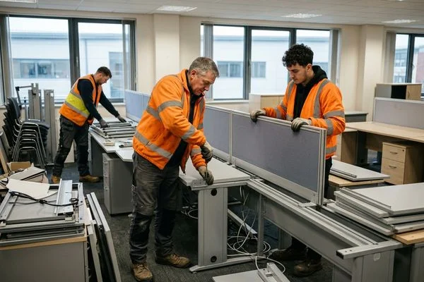 Team dismantling desks and partitions at a Cheltenham office
