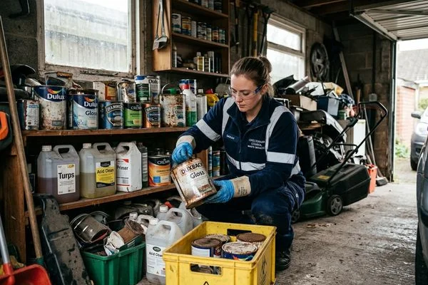 Careful handling of paint tins and chemical containers