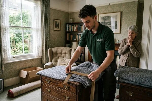 Careful handling of an antique dresser during a Cheltenham clearance
