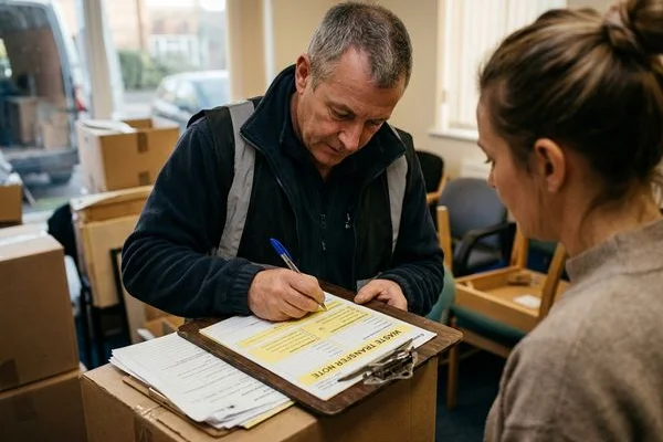 Waste transfer note being signed after an office clearance