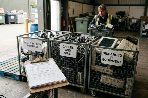 WEEE certification paperwork with sorted electrical waste