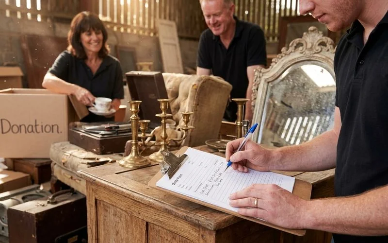 Hands writing a fixed-price clearance quote beside salvaged antiques