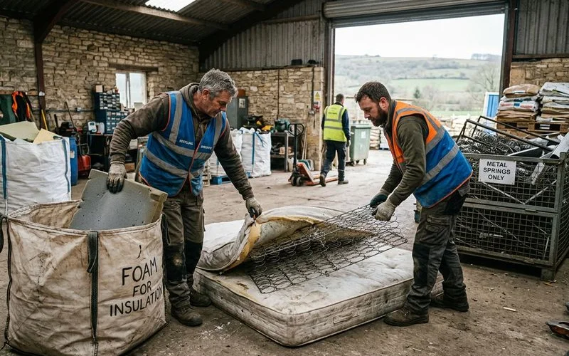 Mattress being wrapped for specialist recycling with components separated