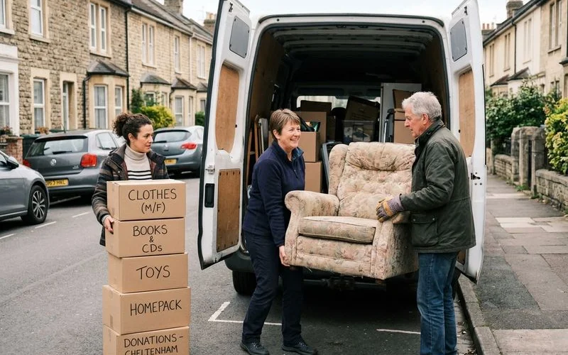 Usable armchairs and boxes loaded for donation to a Cheltenham charity