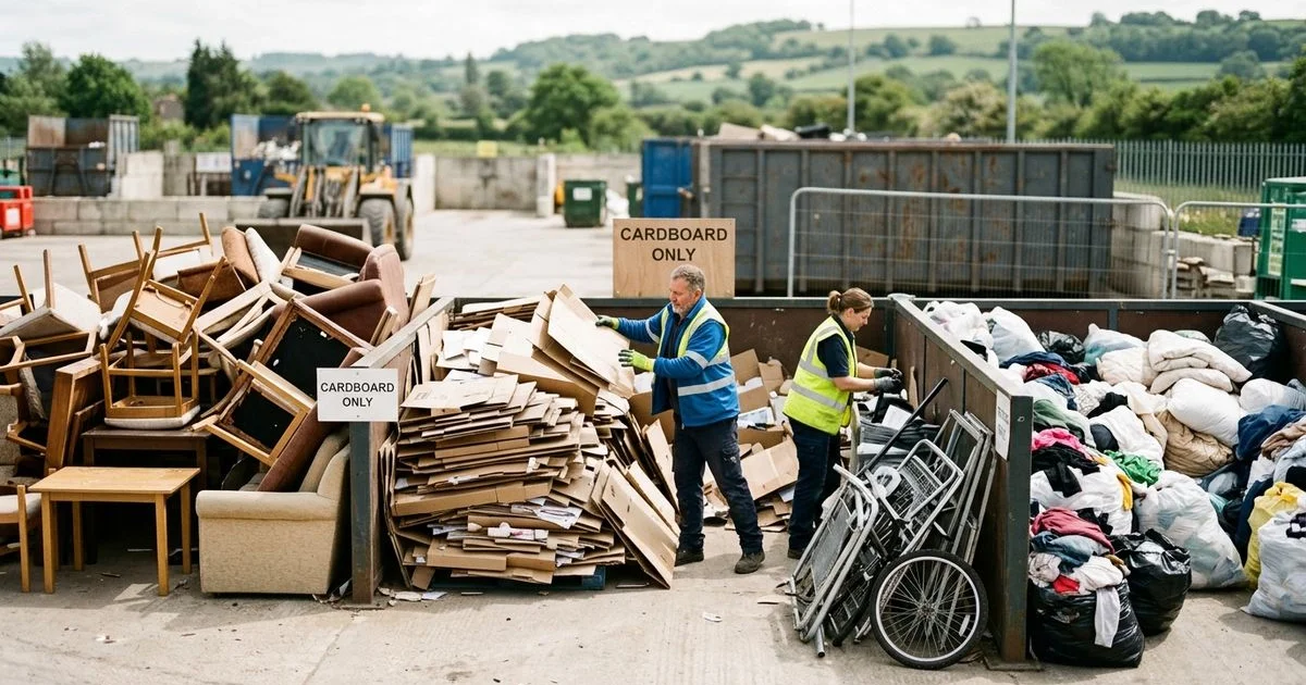 Sorted piles of furniture, metal and textiles separated at a Cheltenham recycling point