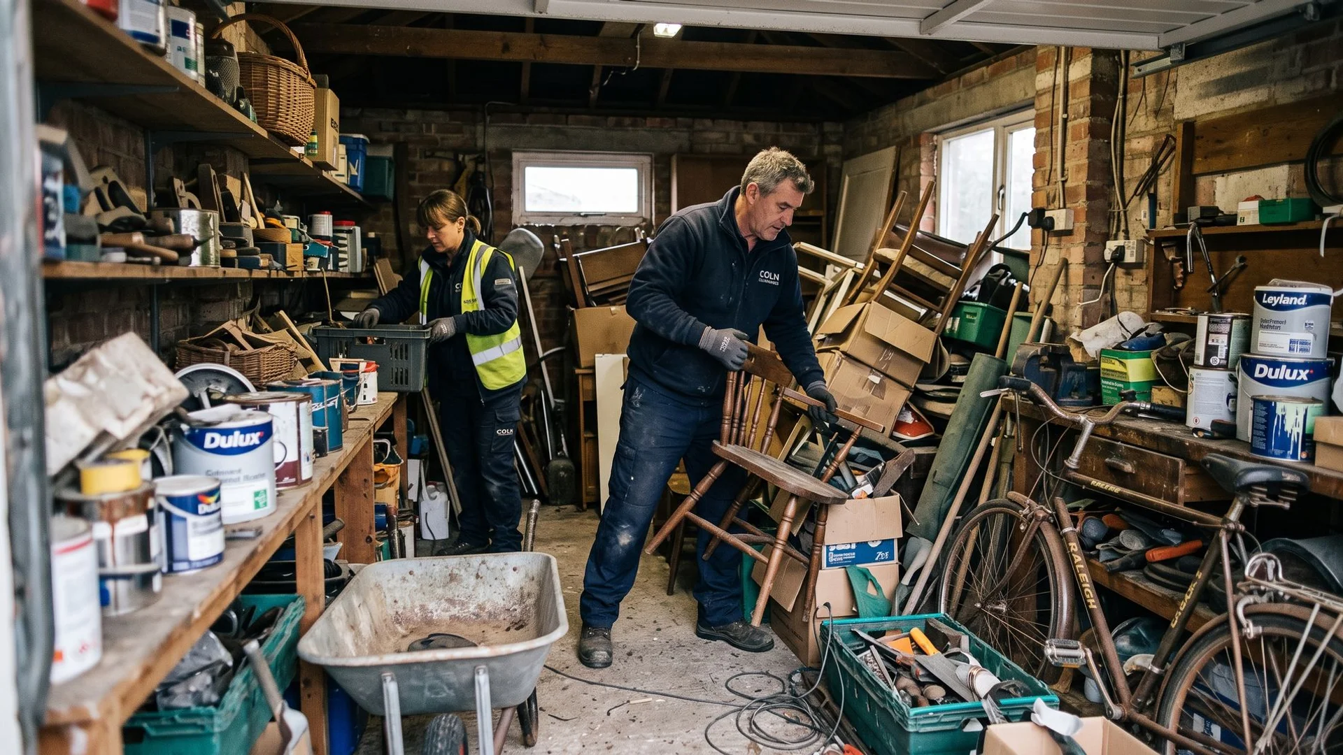 A cluttered Cheltenham garage being cleared by Coln Clearances