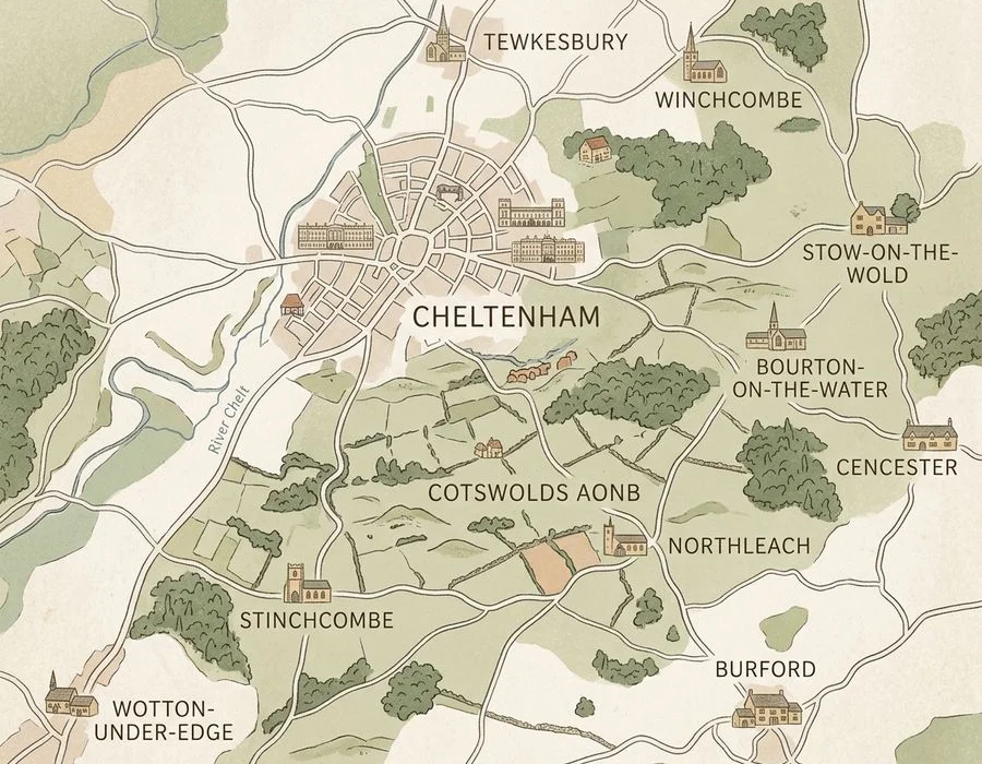 Map of the Coln Clearances service area covering Cheltenham and the Cotswolds
