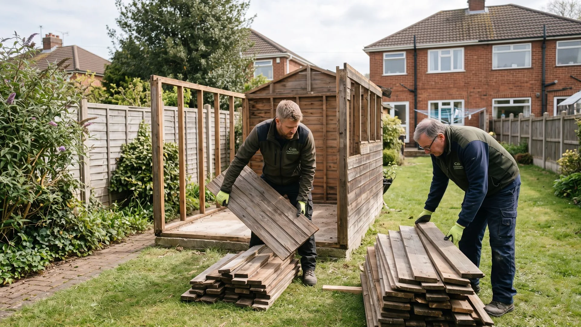 Half-dismantled garden shed in a Cheltenham back garden