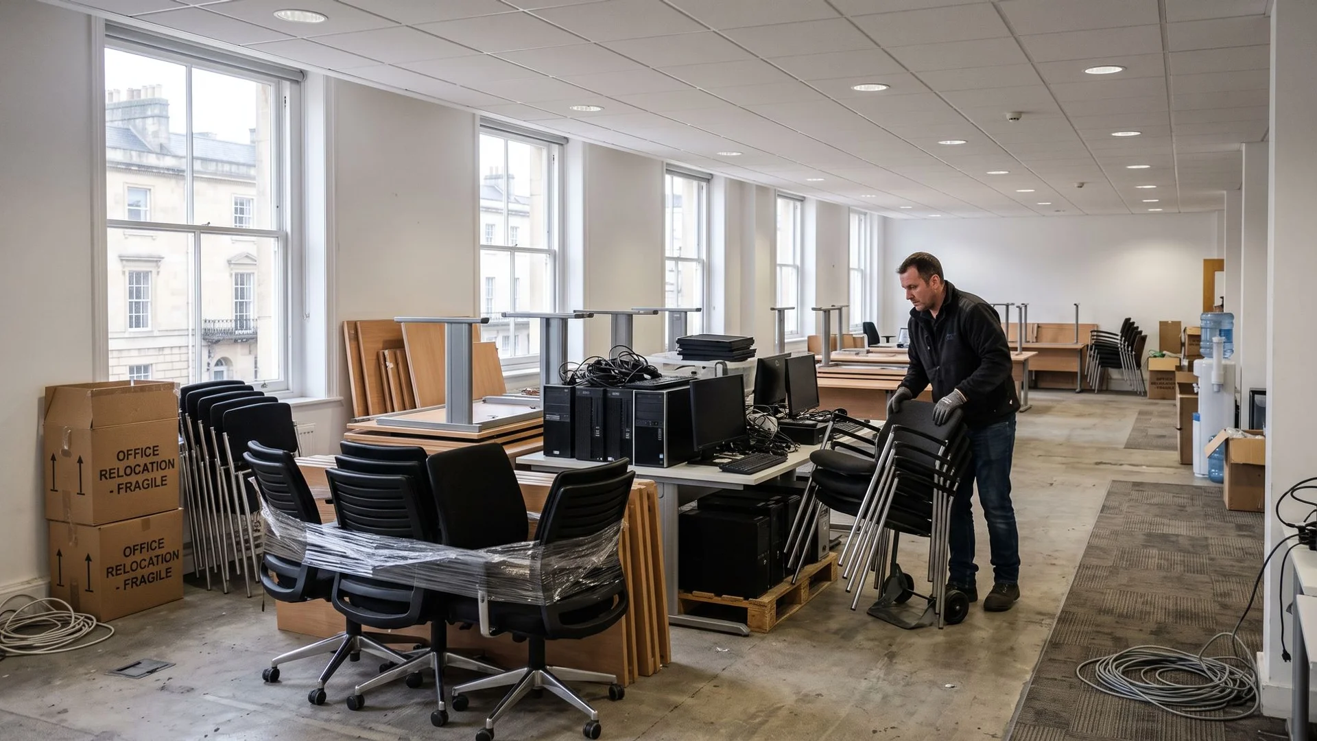 Cheltenham town centre office mid-clearance with stacked desks and IT equipment