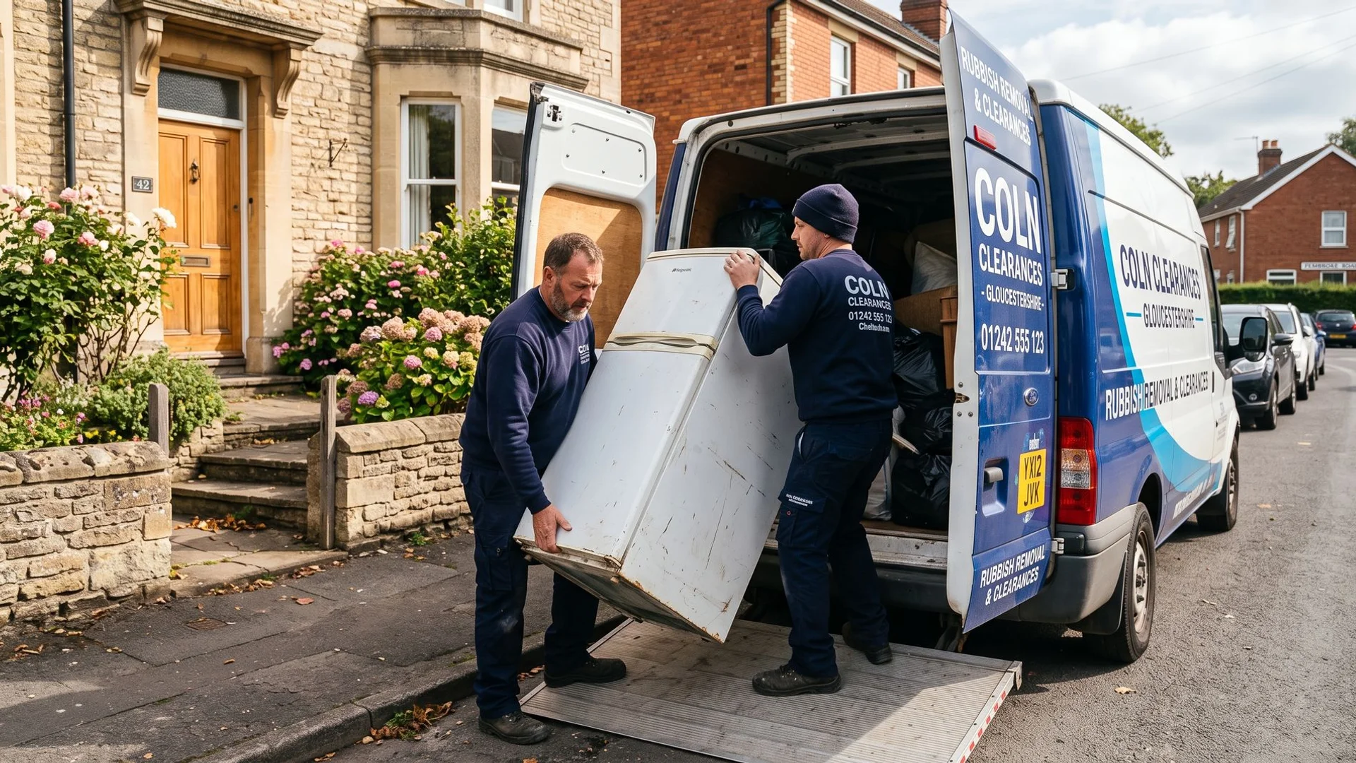 Old fridge freezer being loaded into a Coln Clearances van
