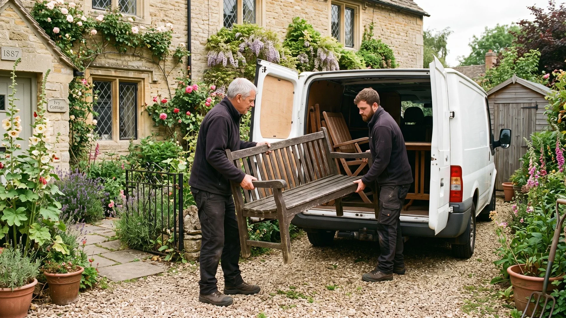 Old garden furniture being loaded from a Cheltenham cottage garden
