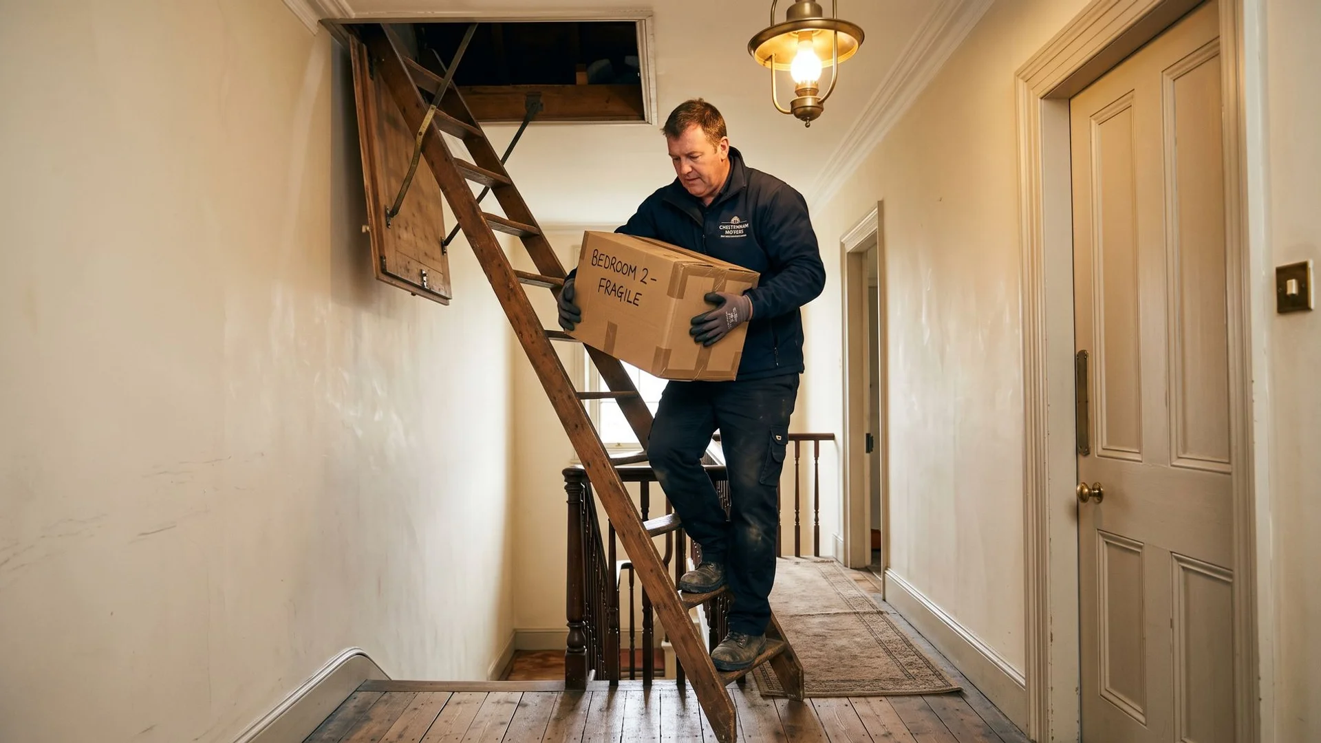 Operative bringing boxes down a loft ladder in a Cheltenham home