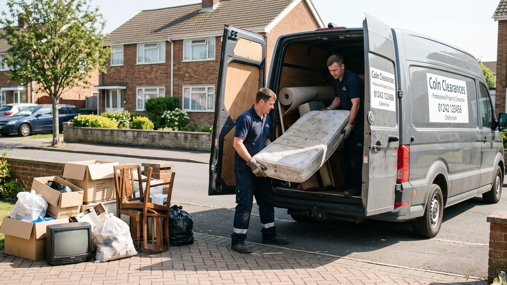 Coln Clearances team loading bulky rubbish from a Cheltenham driveway